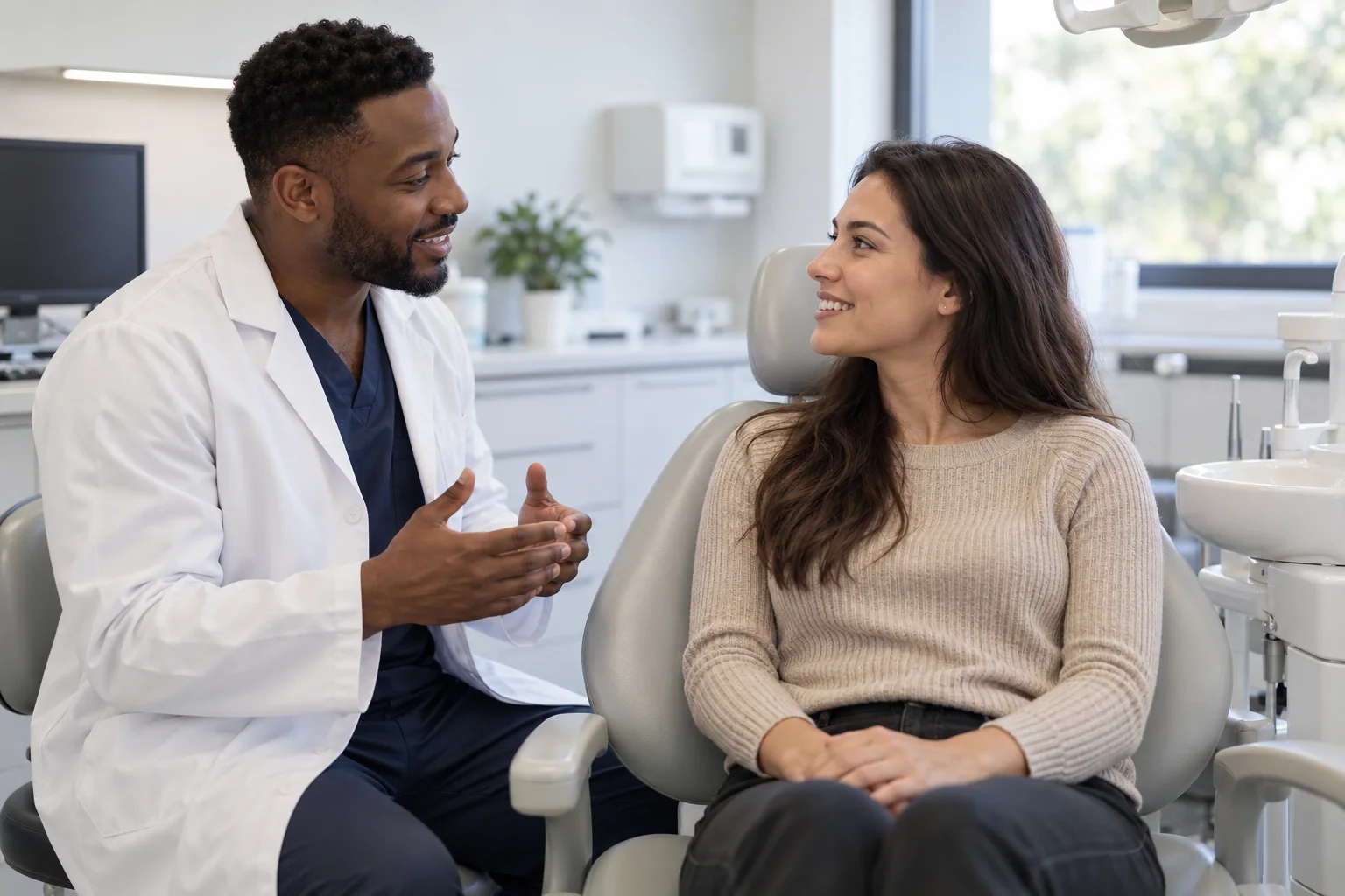 Conversa ilustrativa entre profissional de odontologia e paciente